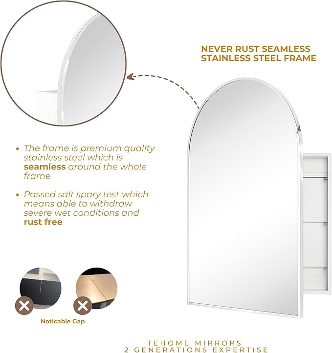 TEHOME 24 x 36'' Polished Nickel Arch Bathroom Medicine Cabinet with Mirror Recessed and Surface Mounted Medicine Cabinet Mirror