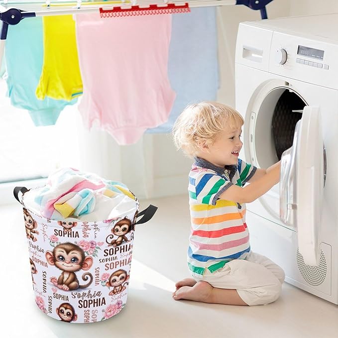 Custom Monkey Laundry Baskets, Personalized Monkey Gifts, Collapsible Laundry Hamper with Name for Kids Adults Home Decoration