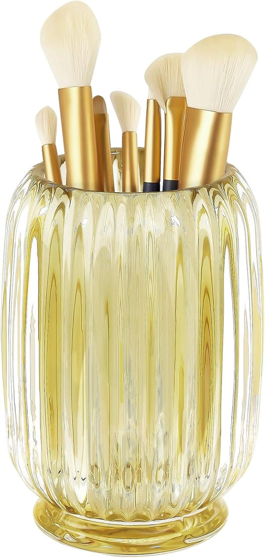 Makeup Brush Holder, Thick Glass Makeup Brush Organizer Cup, 4.8" Tall for Vanity Hair Brush Holder Brushes Storage, Makeup Brush Holder Organizer organizador de brochas de maquillaje Crystal Amber