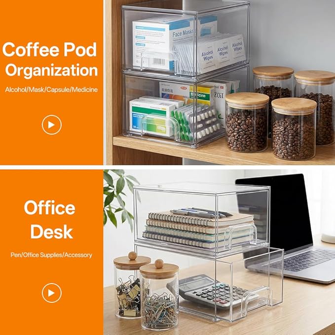 maytopia 6 Pack Clear Stackable Storage Drawers & Qtip Holder Dispenser with Bamboo Lids, Acrylic Drawer Containers Plastic Organizer Bins for Makeup, Bathroom, Cabinet, Undersink