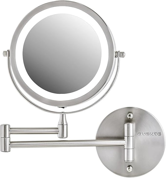 OVENTE Wall Mounted Lighted Makeup Mirror, 7" Double Sided 1X/7X Magnifying Vanity Mirror for Bathroom with LED Lights, Cordless, 360° Rotation and 13" Extendable Arm, Nickel Brushed MFW70BR1X7X