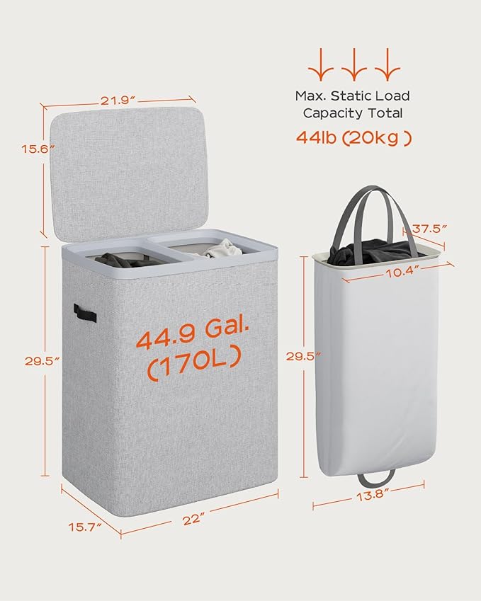 CASAMAYA Laundry Basket with Lid, Laundry Hamper 2 Section, 170L collapsible Laundry Organizer, Easy Assembly, with Handles and Removable Liners, 22 x 15.7 x 29.5 Inches, Gray JSP903G