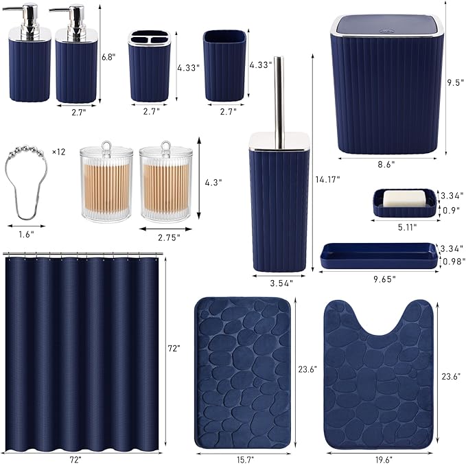 XLHOMO Bathroom Set with Shower Curtain and Rugs- 25PC Bathroom Accessory Set, Navy Blue Shower Curtain Set, Toilet Brush, Trash Can, Qtip Holder & Soap Dispenser