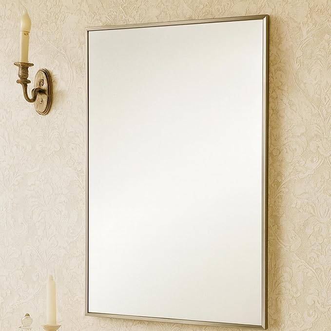 TEHOME 16.5'' x 24'' Brushed Nickel Recessed and Surface Mount Bathroom Medicine Cabinet with Mirror Square Cornered Metal Framed Rounded Rectangle Medicine Cabinet Mirror