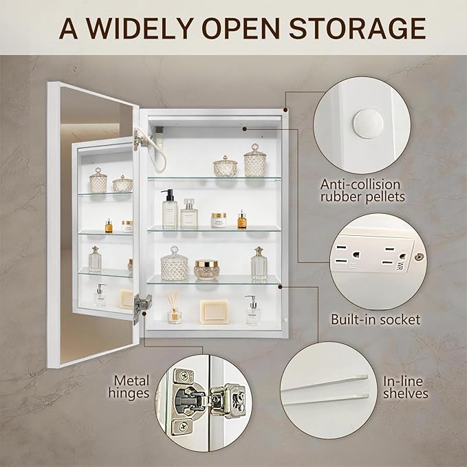16x26 Inch Lighted Medicine Cabinet with Anti-Fog Mirror, 3 Glass Shelves, Dimmable LED, Recessed or Surface Mount Bathroom Smart Mirror Cabinet