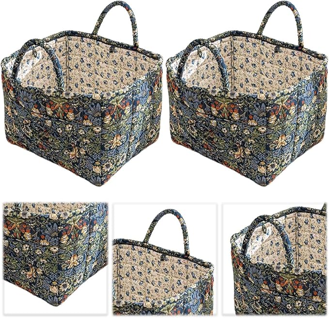 Quilted Fabric Storage Basket Boho Floral Laundry Hamper with Handle Foldable Floral Basket Organizer for Car Bedroom