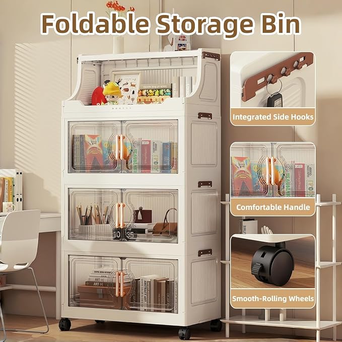 217QT Stackable Storage Bins with Lids & Rack, 5 Tier Large Capacity Foldable Storage Cabinet, Clear Collapsible Pantry Organizer for Home, Kitchen, Bathroom, Dorm, Office, Clear