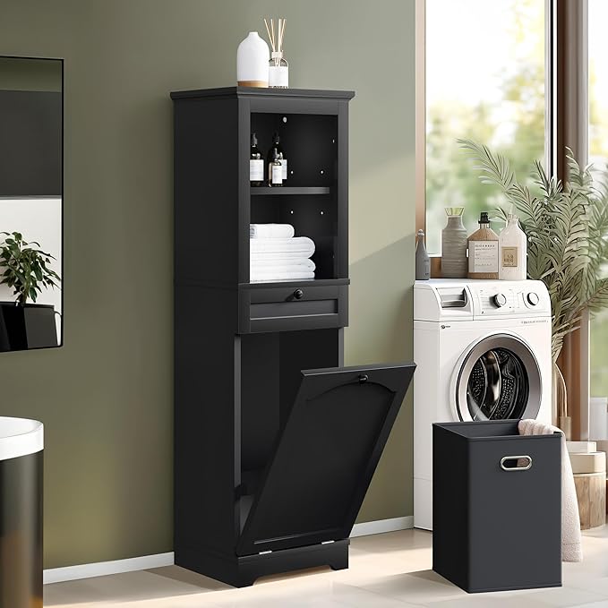 YITAHOME 53" Tall Tilt-Out Laundry Storage Cabinet, Hidden Hamper with Adjustable Shelves, Removable Basket & Sturdy Wooden Design for Bathroom or Laundry Room Organization, Black