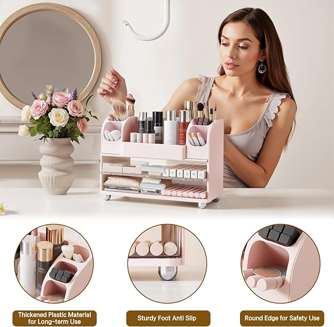 Makeup Organizer for Vanity Countertop with 2 Large Drawers, Spacious Display Cabinet, Partitioned Top Compartment 6 Brush Holders - Pink Beauty Storage Solution