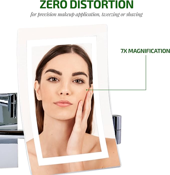 OVENTE Wall Mounted Rectangular Lighted Makeup Mirror with 7X Magnification, AC Adapter, 7'' Bathroom Vanity Mirror, Dimmable White LED Lights, 17" Extendable Folding Arm, Polished Chrome MSWA6387CH7X