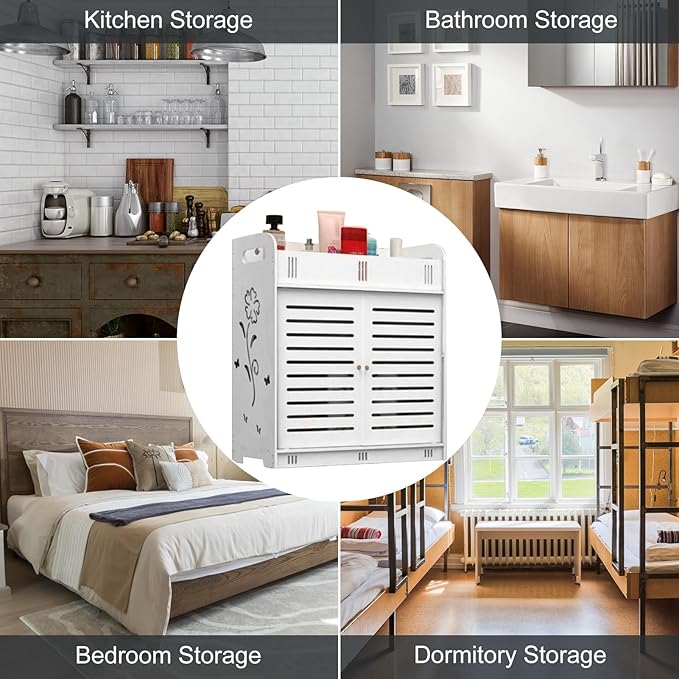 Bathroom Cabinet Self-Adhesive Vent Doors Multi-Grid Tiers Hollow Flower Pattern Bathroom Shelf Wall Mounted Bathroom Storage Rack for Livingroom,Bathroom,Laundry,Bedroom White White