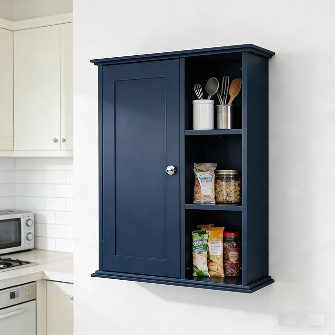 The Wide Usage Wall Medicine Cabinet with Storage Shelves & Anti-Dust Door for Bathroom, Living Room, Kitchen, Entryway,Bedroom (Blue)