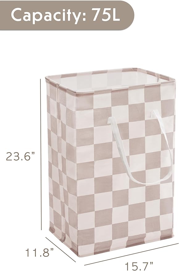 Ohocut Checkered Laundry Hamper, Pack of 2, Large Beige Khaki Collapsible Cloth Hampers Basket for Storage Organization Cute Aesthetic, 2 x 75L