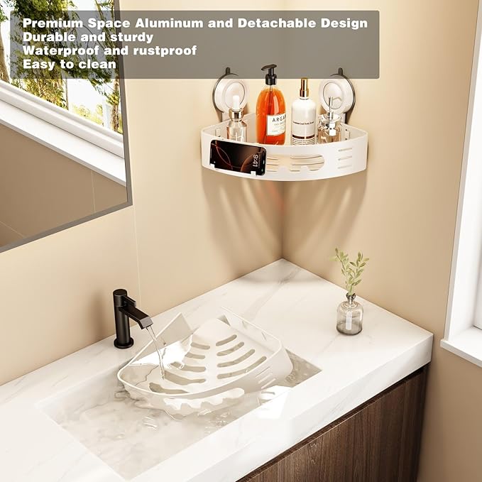 Voldra Corner Shower Caddy Suction Cup, Aluminum Corner Shower Shelves for Wall No Drilling, Large Suction Cup Shower Organizer with Towel Bar & Hooks Removable Bathroom Storage Rack(2 Pack-White)