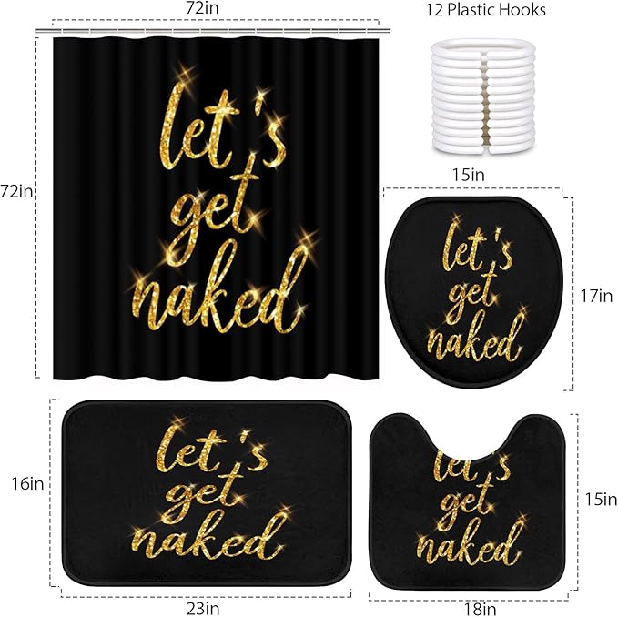 ArtSocket 4PC Gold Let's Get Naked Shower Curtain Sets Yellow and Black Bathroom Decor with Rugs, Non-Slip Rug,Toilet Lid Cover, Bath Mat and 12 Hooks 72x72 inches
