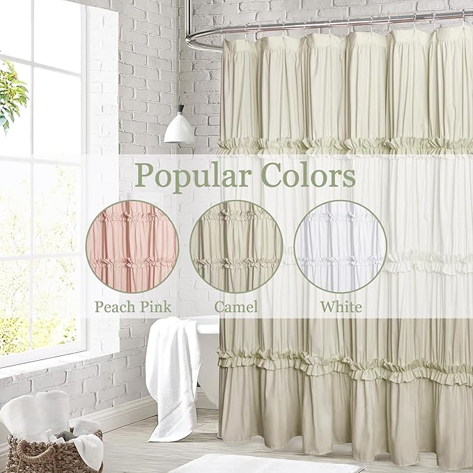 Farmhouse Ruffle Shower Curtain with Handmade Ruched, Vintage Ruffled Fabric Bathroom Curtains, Decorative Elegant Bathroom Curtain with 12 Holes, Camel, 72" W x 72" H(N60049)