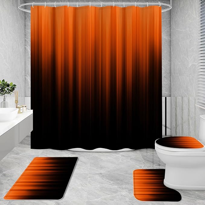 Litabel 4 Pcs Orange and Black Gradient Shower Curtain Set with Rugs and Toilet Lid Cover, Modern Simple Waterproof Fabric Bathroom Set, Ombre Stripe Gothic Abstract Bathroom Decor Set Accessories