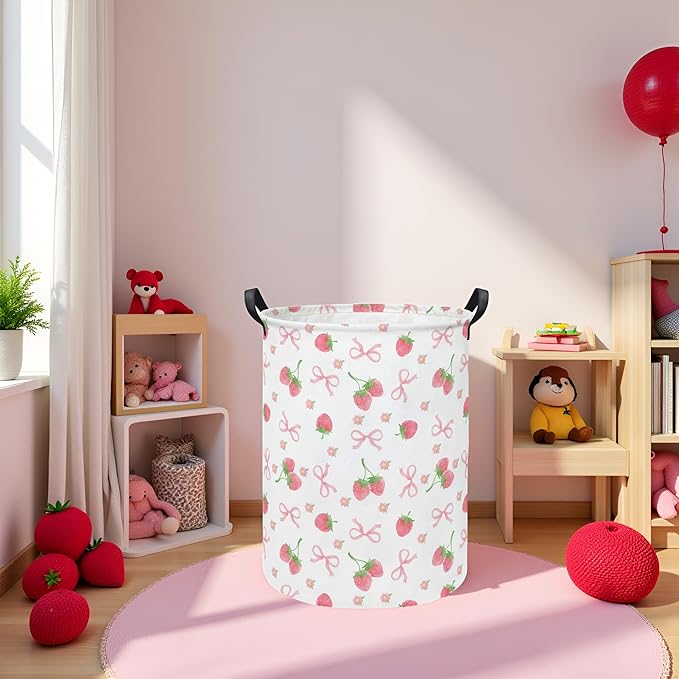 Baby Laundry Hamper kids laundry Basket Waterproof Storage Bin for Bedroom Toy Clothes Organizer Basket Woodland Animals Room D??cor(Bowknot Strawberry)