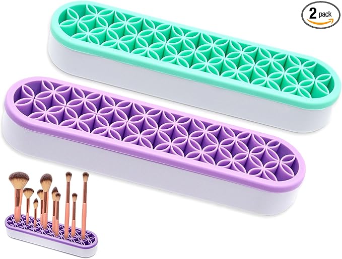 2Pcs Silicone Makeup Brush Holders Green Purple Stand Makeup Brush Organizers Make Up Brushes Storage for Painting Pen Brushes Nail Clippers Drill Pens Ruler Sewing Craft Tools