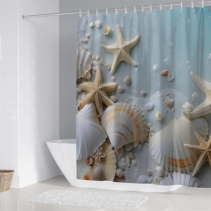 Chrainy 4Pcs Beach Grey Blue Shower Curtain Sets Sea Shell Bathroom Set Decor with Non-Slip Rugs Bath U-Shaped Mat Toilet Lid Cover Waterproof Starfish Bathroom Curtain Shower Set with 12 Hooks