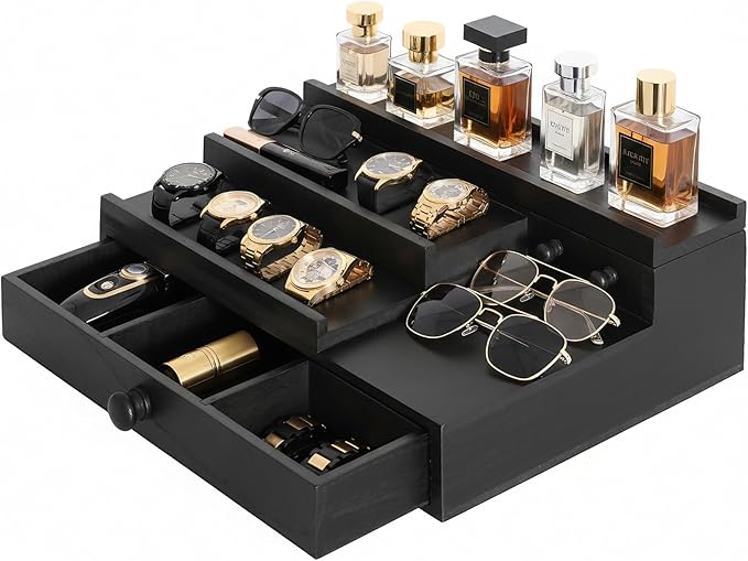 Cologne Organizer for Men,Solid Wood Cologne Stand with Drawer and Hidden Compartments, Nightstand Organizer,Dresser Drawer Organizers,Organizador de Perfumes,Perfume Stand Organizer for Bedroom,Black