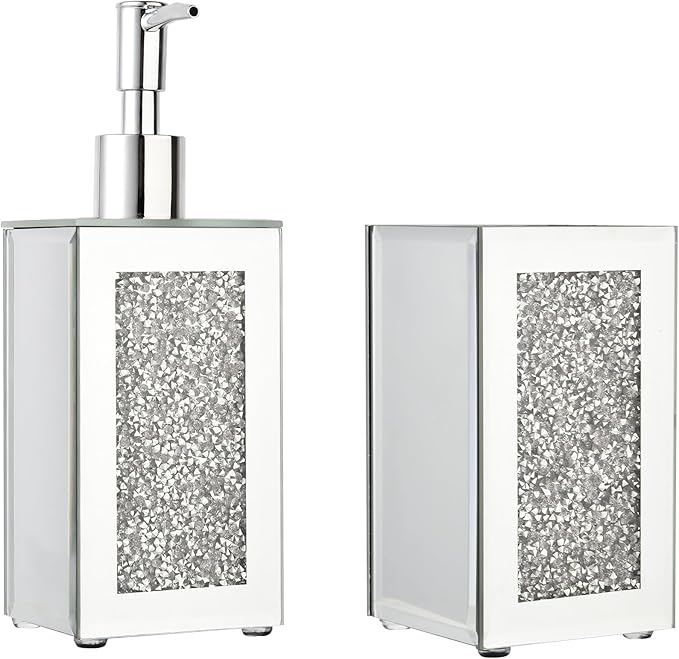 Luxury 2-Piece Bathroom Set, 150ml Diamond-Embedded Glass Soap Dispenser and Toothbrush Holder, Elegant Vanity Organizer for Modern Bathrooms