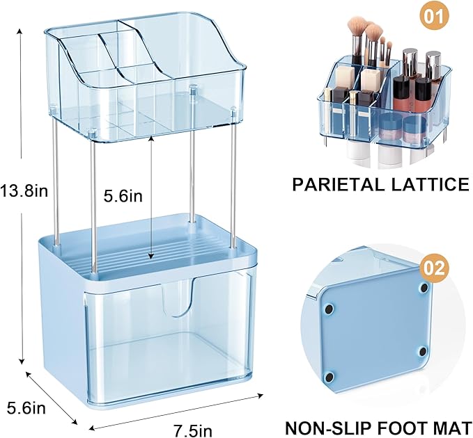 Small Bathroom Counter Organizer - 3 Tier Makeup Organizer Countertop - Multi-Purpose Skin Care with Drawer for Vanity, Cosmetic Counter Organizer (Blue)