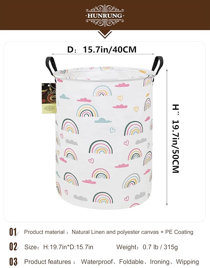 HUNRUNG Laundry Hamper,Large Canvas Fabric Lightweight Storage Basket Toy Organizer Dirty Clothes Collapsible Waterproof for College Dorms???Round-Rainbow???