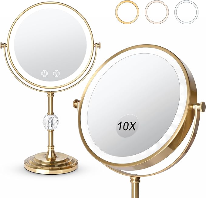 Lighted Makeup Mirror,4000mAh Rechargeable Double Sided Magnifying Mirror 1x/10x with 3 ColorsStepless Dimming, 360° Rotation Vanity Mirror with Lights, Memory Function,Gold