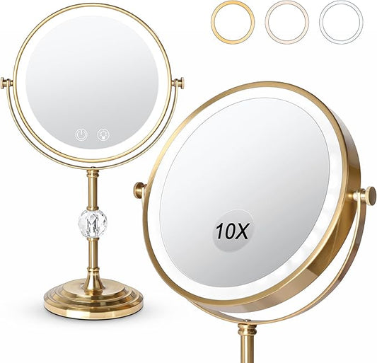 Lighted Makeup Mirror,4000mAh Rechargeable Double Sided Magnifying Mirror 1x/10x with 3 ColorsStepless Dimming, 360° Rotation Vanity Mirror with Lights, Memory Function,Gold
