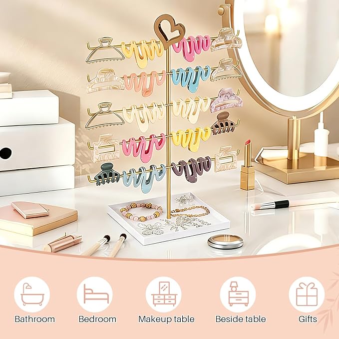 SNOWSTAR Hair Claw Clip Holder Organizer - 5 Tier Claw Clips Storage Display with Metal Tray, Hair Clip Holder Desktop Stand for Women Girls