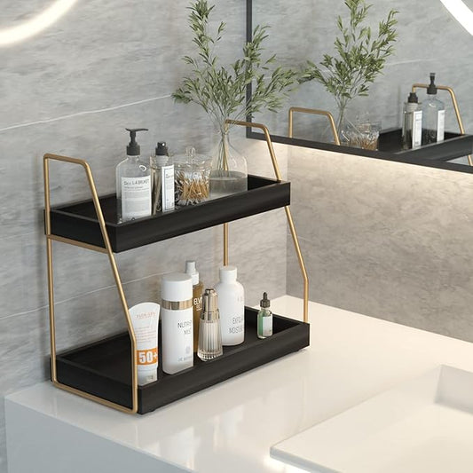 Bathroom Organizer Countertop, 2 Tier Small Counter Top Organizer for Bathroom, Decor, Modern Kitchen Counter Shelves for spice, Makeup Storage (gold&black,2 Tiers)