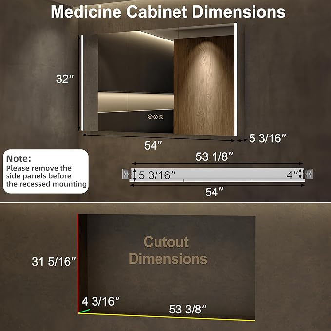 Medicine Cabinet with LED Lights and Mirror, 54 x 32 Inch Surface or Recessed Mounted Bathroom Cabinets with Door, Defogger, Memory Function, 3-Color Mode, Outlet&USB, Dimmer, Storage Shelf