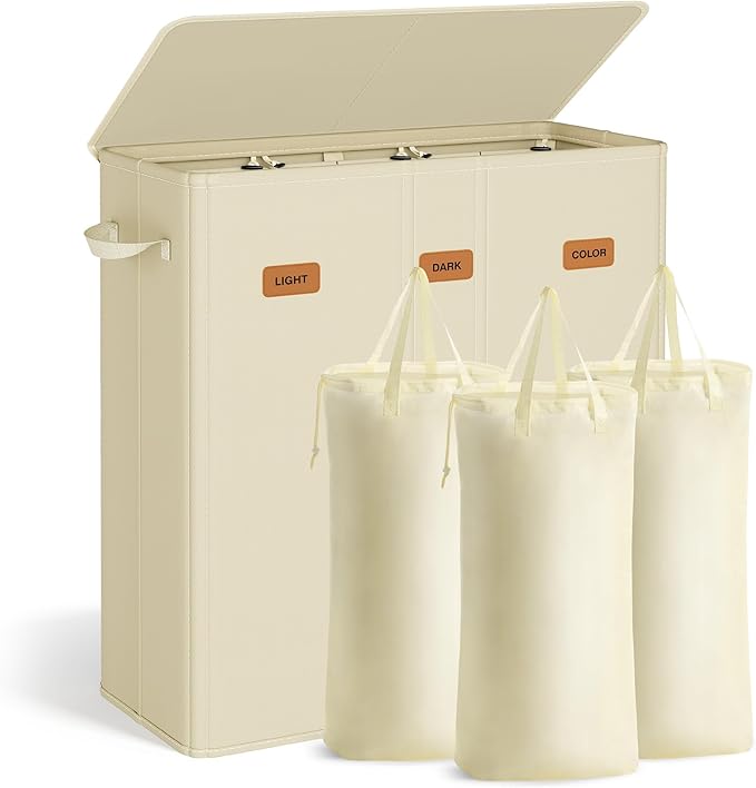 SONGMICS 47.6 Gallon (180 L) Laundry Hamper, 3-Compartment Laundry Basket Sorter with Lid, Labels, Removable Liner Bags, for Bedroom, Cream White URLH013W01
