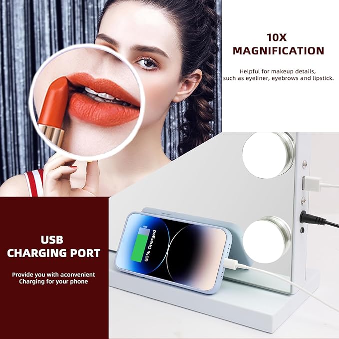 VANITII Vanity Mirror with Lights 22.8" x 31.5" 18 Bulbs 3 Color Modes Large Lighted Hollywood Makeup Mirror with USB Charging Port and 10X Magnification for Bedroom Desktop