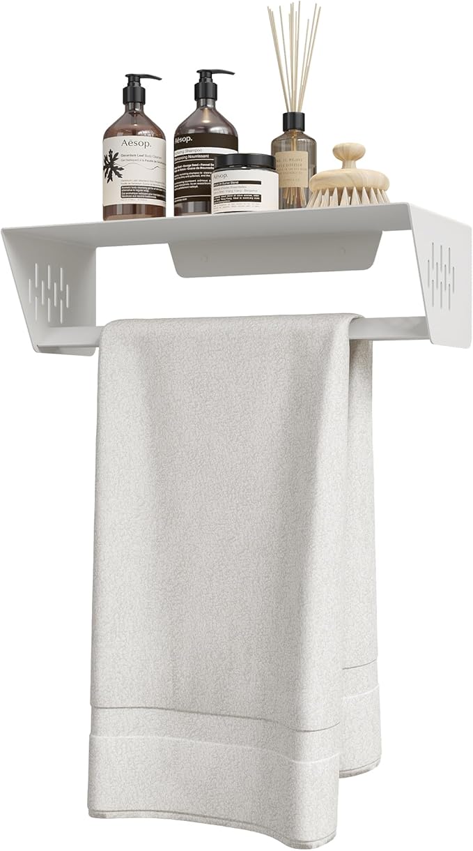 Qeke Bathroom Lavatory Towel Rack, Wall Mount Towel Holder Towel Hanger Shelf with Towel Bar, SUS 304 Stainless Steel Towel Rack for Bathroom and Lavatory, Matte White, 14 Inch