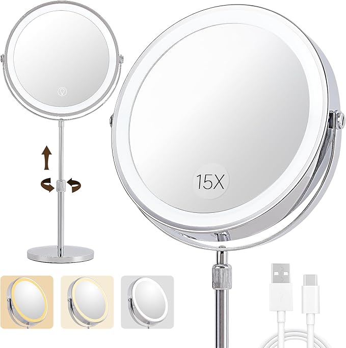1X/15X Magnifying Makeup Mirror with Lights - 9" Large Dual-Sided Vanity Mirror with 3 Color Lights for Women's Travel Cosmetic Mirror | 3000 mAh-USB Rechargeable | 360° Rotation | Adjustable Height