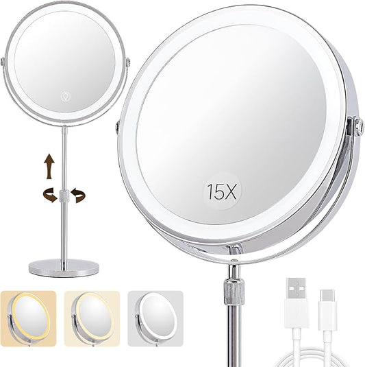 1X/15X Magnifying Makeup Mirror with Lights - 9" Large Dual-Sided Vanity Mirror with 3 Color Lights for Women's Travel Cosmetic Mirror | 3000 mAh-USB Rechargeable | 360° Rotation | Adjustable Height