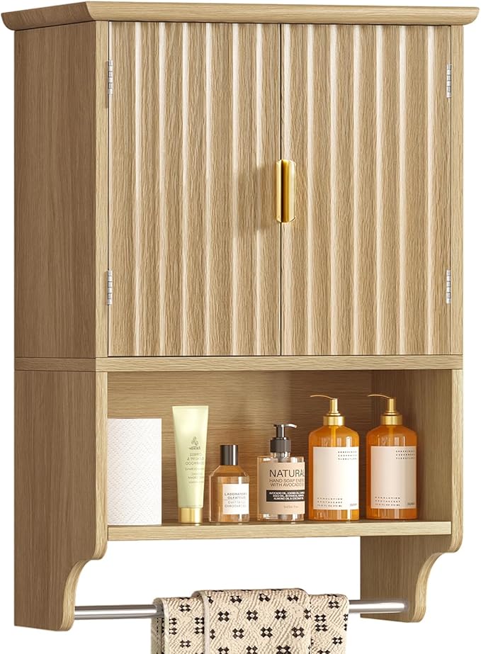 TEENFON Fluted Bathroom Wall Cabinet with Adjustable Shelves and Towel Rack, Wall Mounted Over The Toilet Storage Organizer for Bathroom, Living Room, Natural