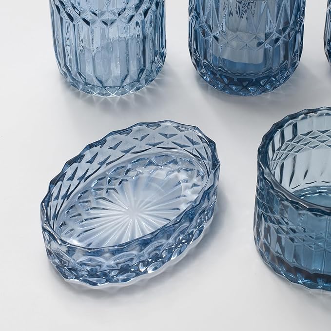 IVAILEX 5PCS Blue Glass Bathroom Accessories Sets of Lotion Dispenser, Soap Dish, Toothbrush Holder, Tumbler, Cotton Swab Jars, Modern Bath Decor, Vintage Gift