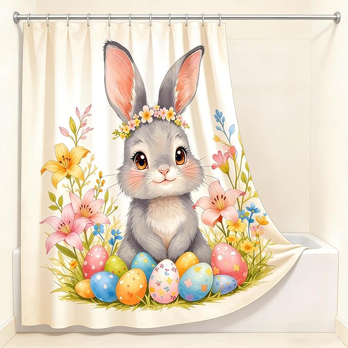Dreamrflove Easter Bunny Shower Curtain Easter Shower Curtain Set Spring Floral Cute Rabbit Bathroom Shower Curtain Polyester Insulated Home Decor 72x72 InchHolidayDecoration