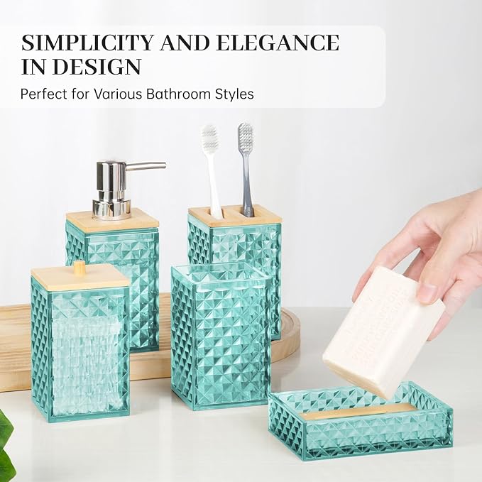 Bathroom Accessory Set, Grid Pattern 5 Pcs Plastic Bathroom Set Include Qtip Holder Dispenser, Soap Dispenser, Soap Dish, Toothbrush Holder, Mousewash Cup, Modern Bathroom Décor Set(Teal)