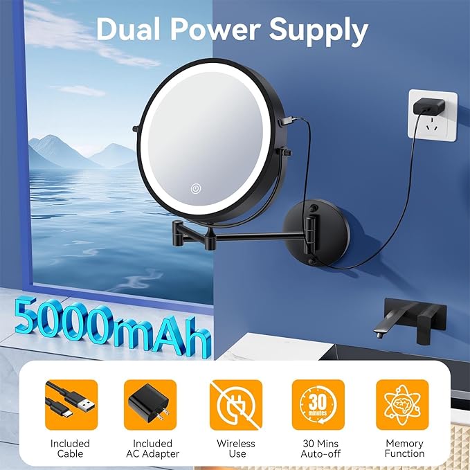 9'' 30X/1X Wall Mounted Lighted Makeup Mirror, 5000mAh Rechargeable Double-Sided Magnifying Mirror with Light, Vanity Bathroom Mirror Touch Dimmable 3 Colors 360° Rotation Extended Arm, Power Adapter