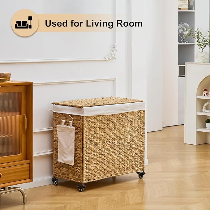 Handwoven Hamper with Lid, Laundry Basket with Wheels, Machine Washable Liner, 3 Section Clothes Hamper for Bathroom Laundry Room Bedroom(Natural, 165L)