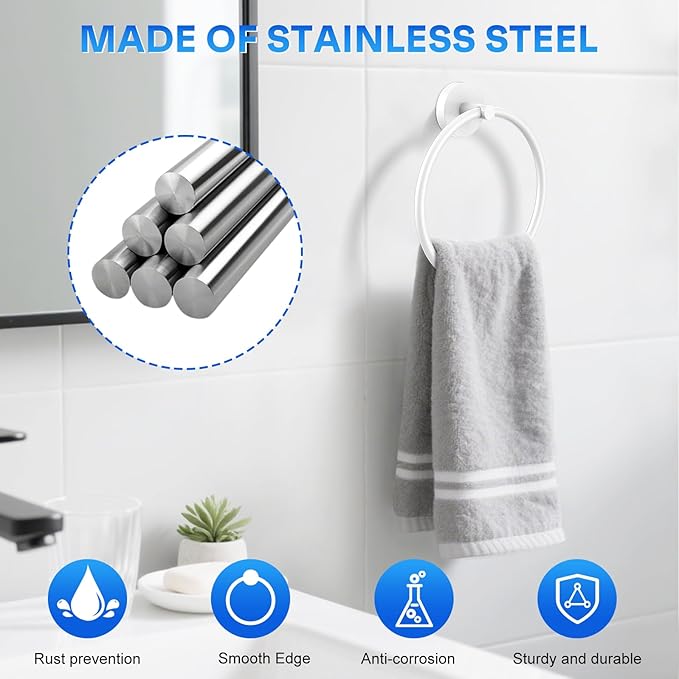 Hand Towel Holder Screw-in Stainless Steel Towel Ring for Bathroom Wall White Towel Hanger Round Towel Racks for Bathroom Decor and Accessories, 2 Packs