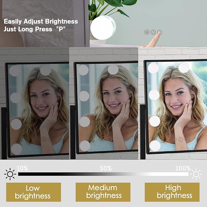 BWLLNI Lighted Makeup Mirror Hollywood Mirror Vanity Mirror with Lights, Touch Control Design 3 Colors Dimable LED Bulbs, Detachable 10X Magnification, 360°Rotation, Black.