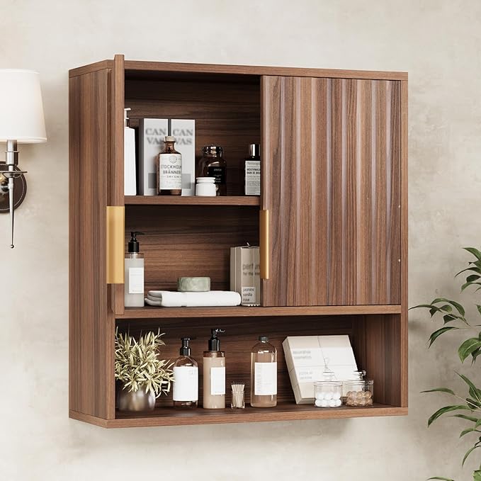 VINGLI Bathroom Wall Cabinet, Walnut Fluted Medicine Cabinet with Doors, Wall Mounted Storage Cabinet Over Toilet with Adjustable Shelf, Mid-Century Hanging Organizer for Kitchen, Laundry