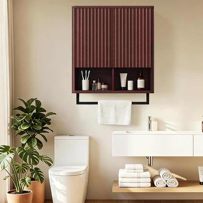 Bathroom Wall Storage Cabinet, Over The Toilet Medicine Cabinet, Hidden Storage & Open Shelves, Small 2-Door Multi-Functional Bathroom Organizer with Towel Bar for Bathroom & Kitchen