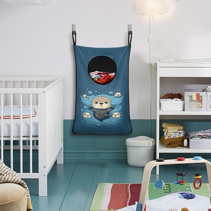ZOUTAIRONG Sea Otter Hanging Laundry Hamper Cute Over Door Zipper Storage Bag Space Saving Laundry Bag Hanging Dirty Clothes Hamper Laundry Baskets for Bathroom, Closet, Home, Dorm