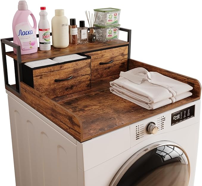 Unionly 2-Tier Washer Dryer Countertop single with shelf and fabirc drawer,laundry topper with Edge and Non-Slip Pad for Washer Dryer Laundry Hamper Counter Storage Organization (rustic brown, single)
